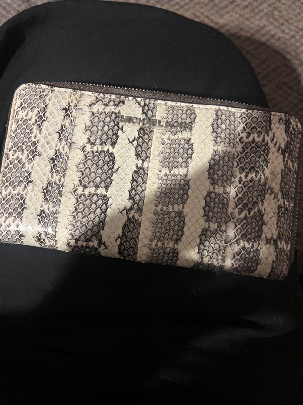 Michael Kors Snake-Print Zip Wallet in Cream and Brown